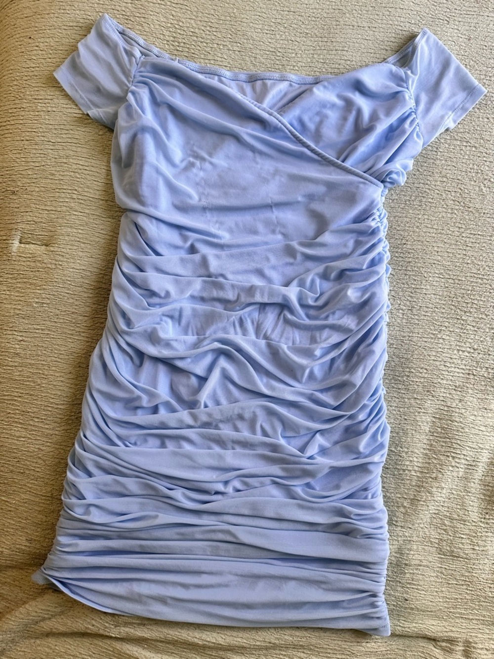 SHEIN Light Blue Ruched Off-Shoulder Mini Dress